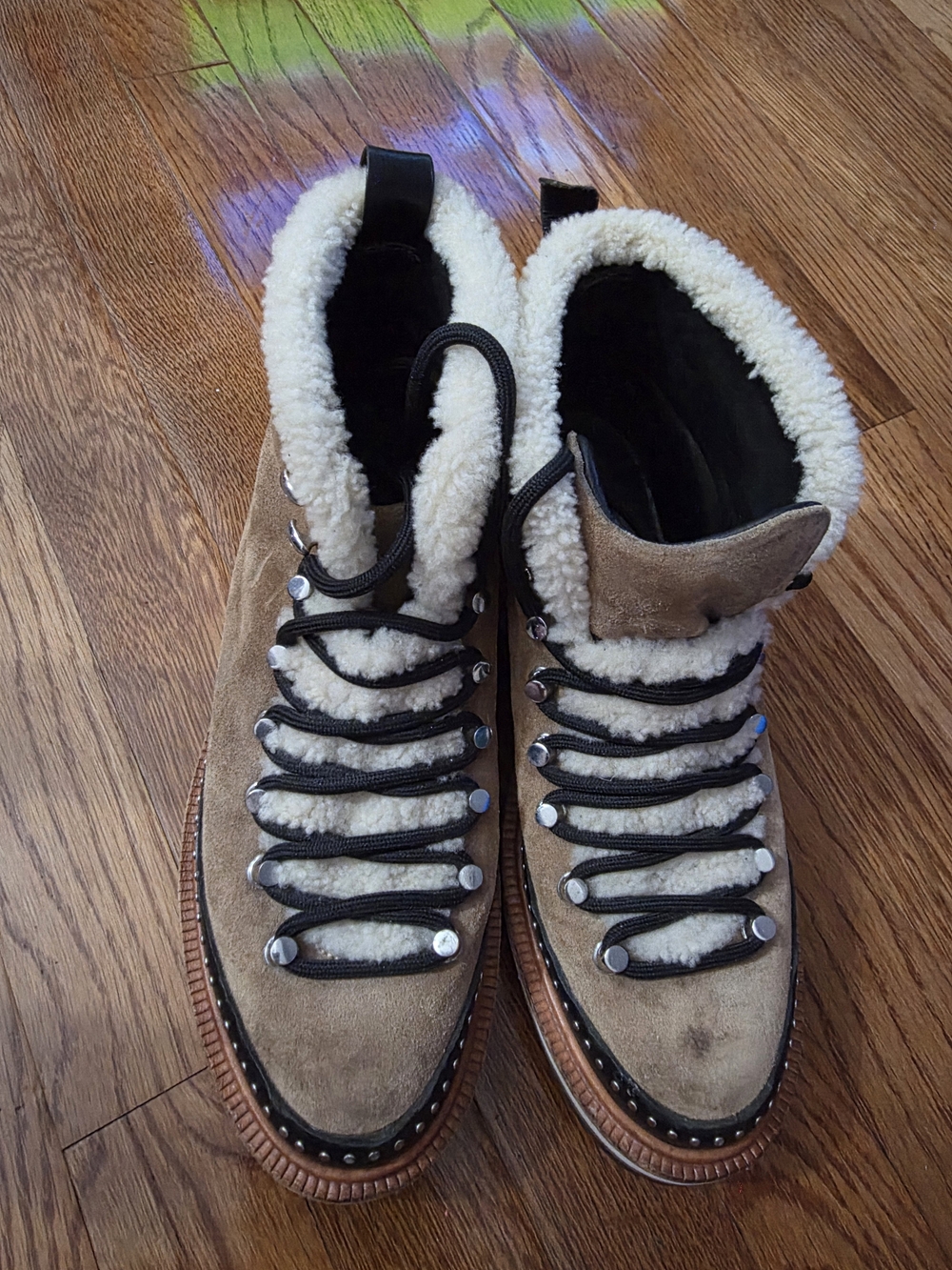 rag & bone Tan Suede Shearling Trim Hiking-Style Ankle Boots - Picture 4 of 8